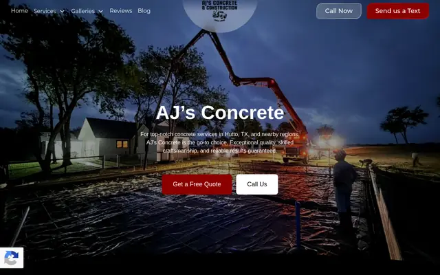 Screenshot of the AJ’s Concrete homepage as it appeared on 2026-10-08, captured at desktop width.