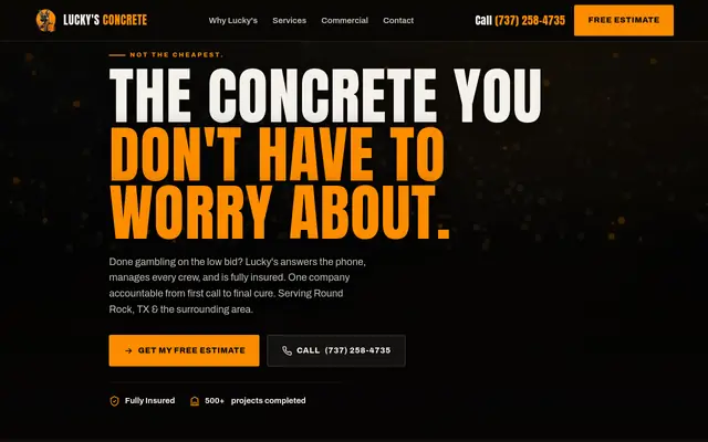 Screenshot of the Lucky's Concrete Round Rock homepage as it appeared on 2026-10-08, captured at desktop width.