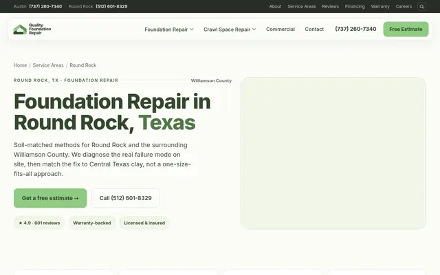 Screenshot of the Quality Foundation Repair Austin - House Leveling Specialists homepage as it appeared on 2026-10-08, captured at desktop width.