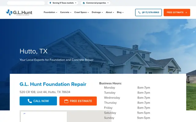 Screenshot of the G.L. Hunt Foundation Repair homepage as it appeared on 2026-10-08, captured at desktop width.