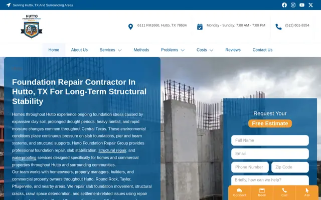 Screenshot of the Hutto Foundation Repair Group homepage as it appeared on 2026-10-09, captured at desktop width.