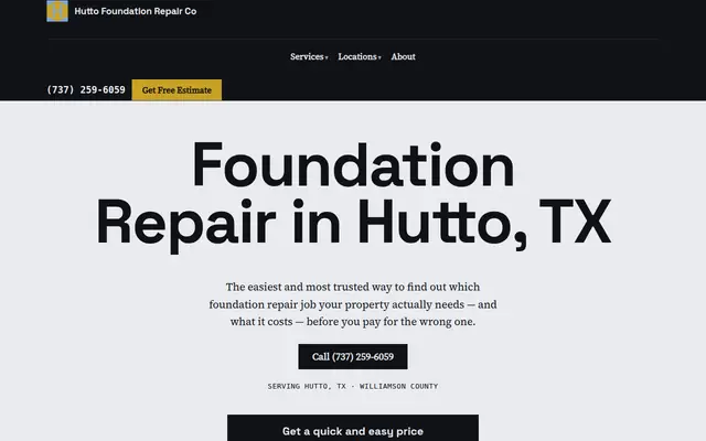 Screenshot of the Hutto Foundation Repair Co homepage: the headline, a short form asking for a property address, and a panel reading the current local rainfall.