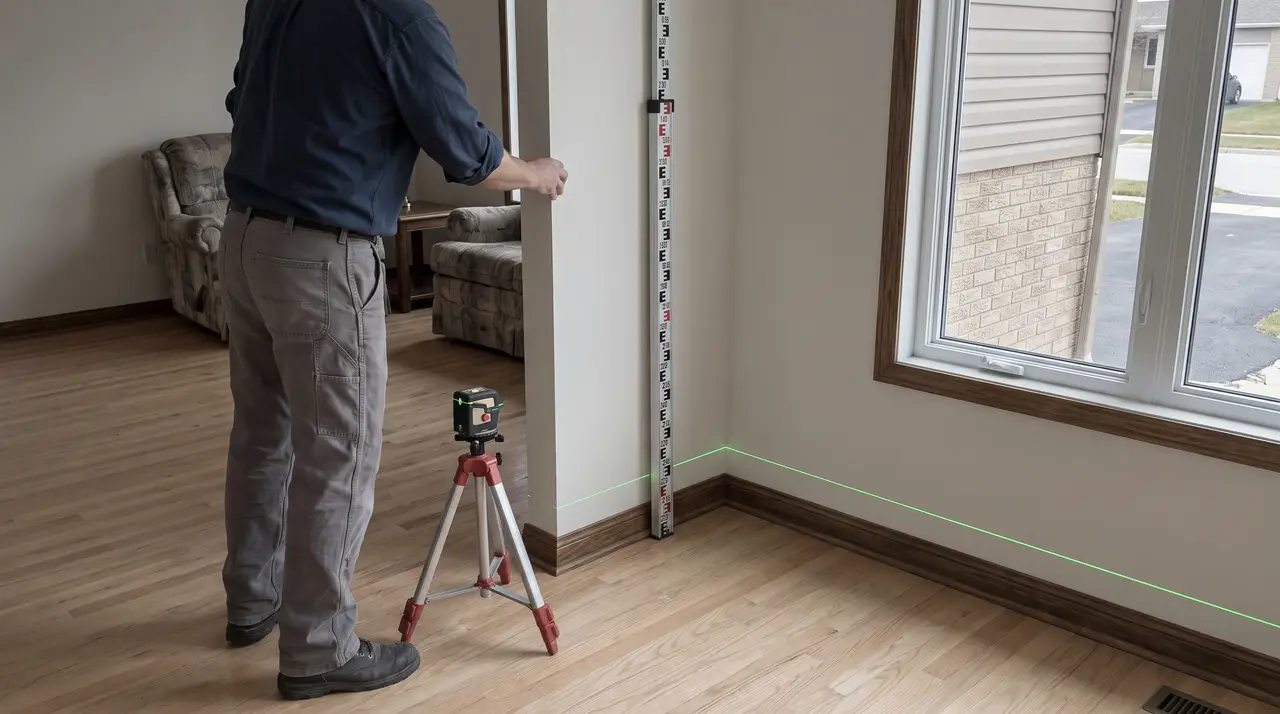 A worker holding a level staff against the interior wall of an empty room while a rotary laser on a tripod throws a line across the baseboard, taking floor elevations inside an ordinary house.